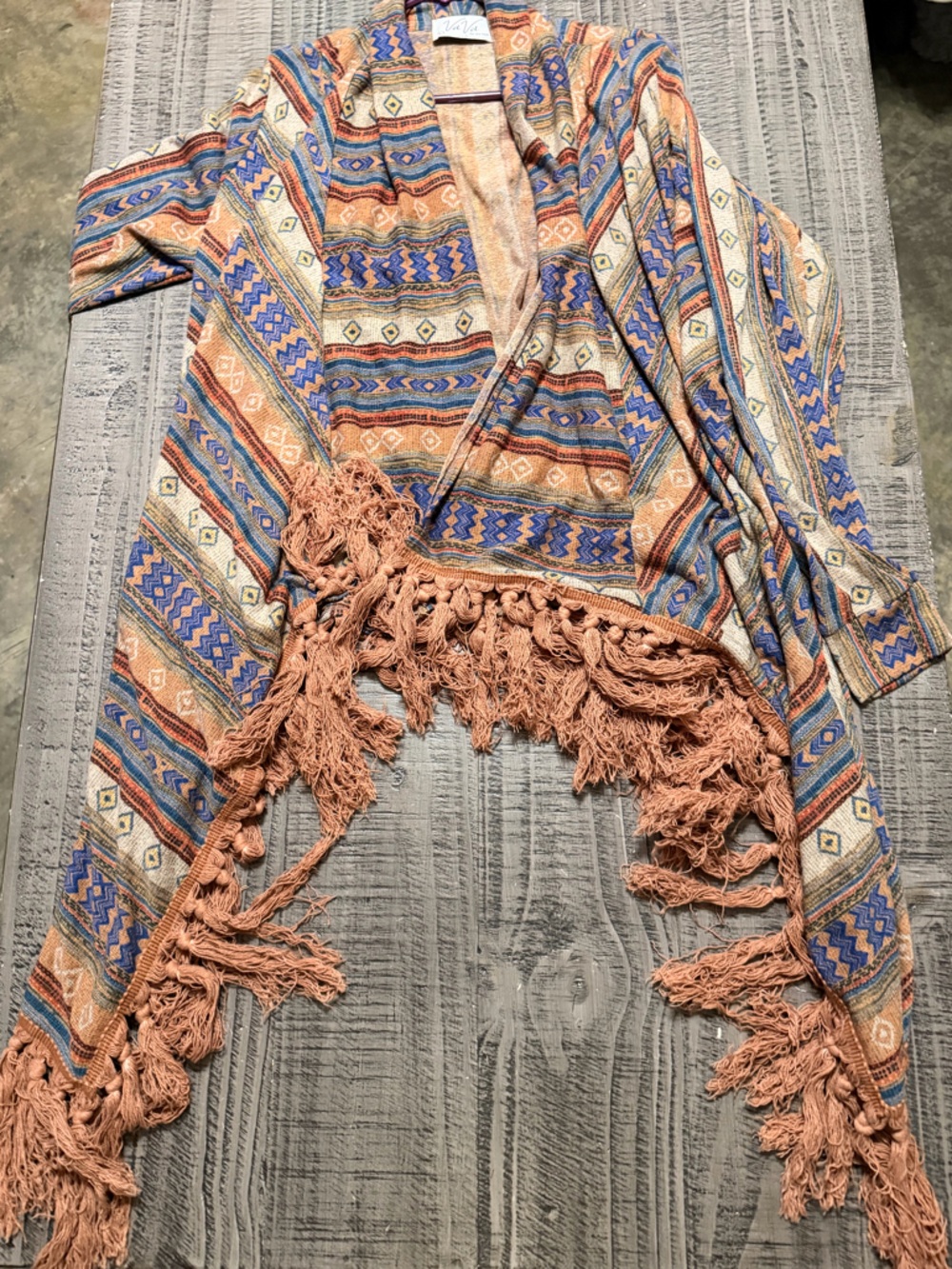 Vava by Joy Han Blue, Tan & Orange Geometric Knit Cardigan